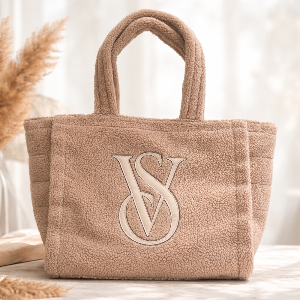 Victoria's Secret Plush Medium-Size Camel Fleece Sherpa Tote Bag, Snap Closure